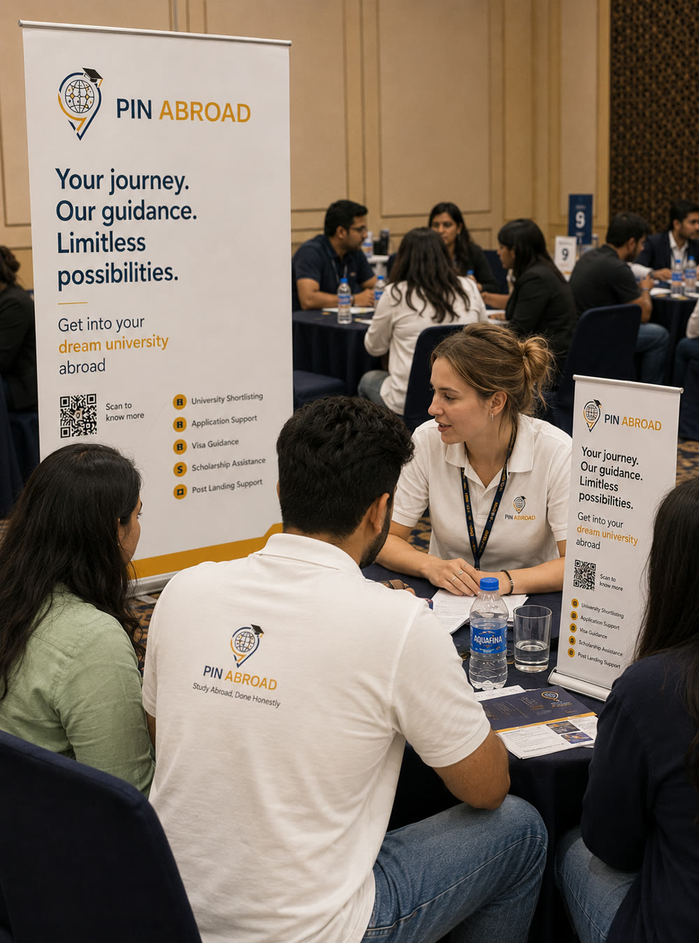 Pin Abroad counsellor guiding students at a study-abroad event